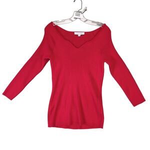 Madison Grey Ribbed Knit Red Top Women's L Curved Collar 3/4 Sleeve Stretch